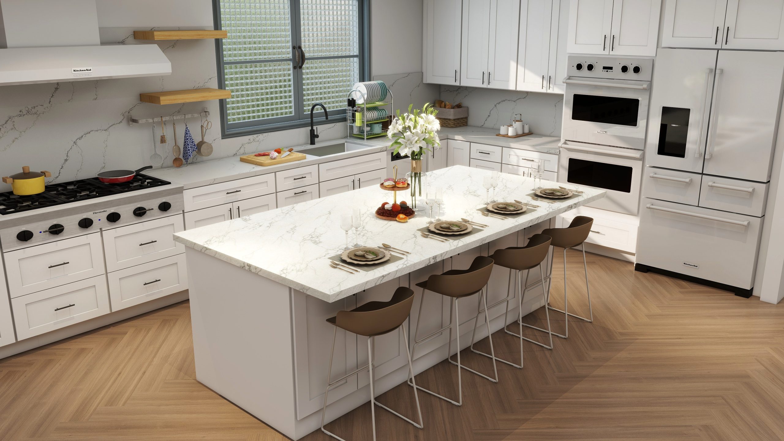 Photorealistic render of a classic Kassa kitchen