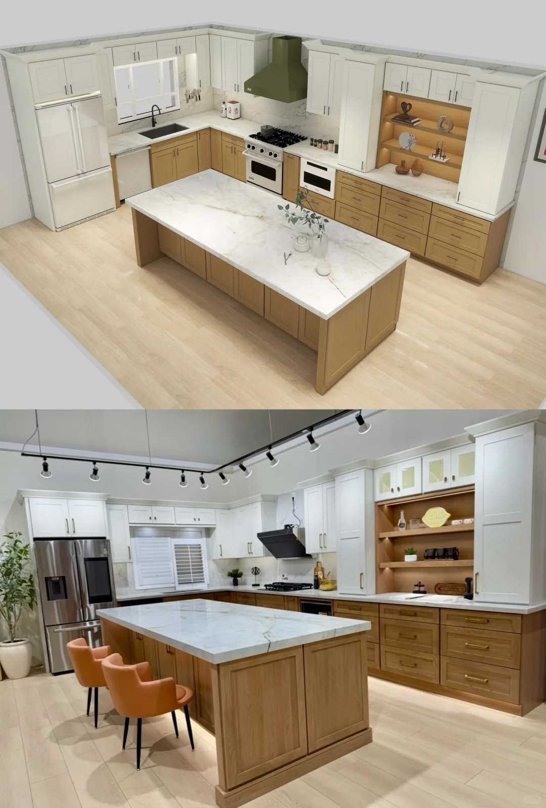 A side-by-side comparison of a Coohom render and the finished Kassa kitchen.