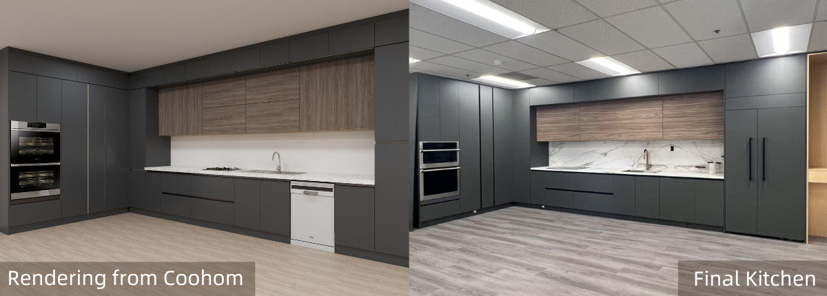 A side-by-side comparison of a Coohom rendering and the final installed kitchen.