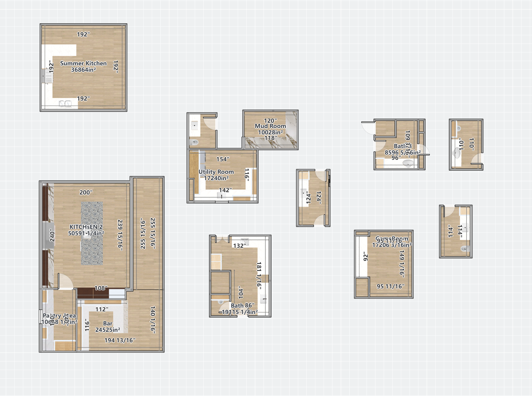 A 2D floor plan layout showing multiple rooms designed in Coohom.