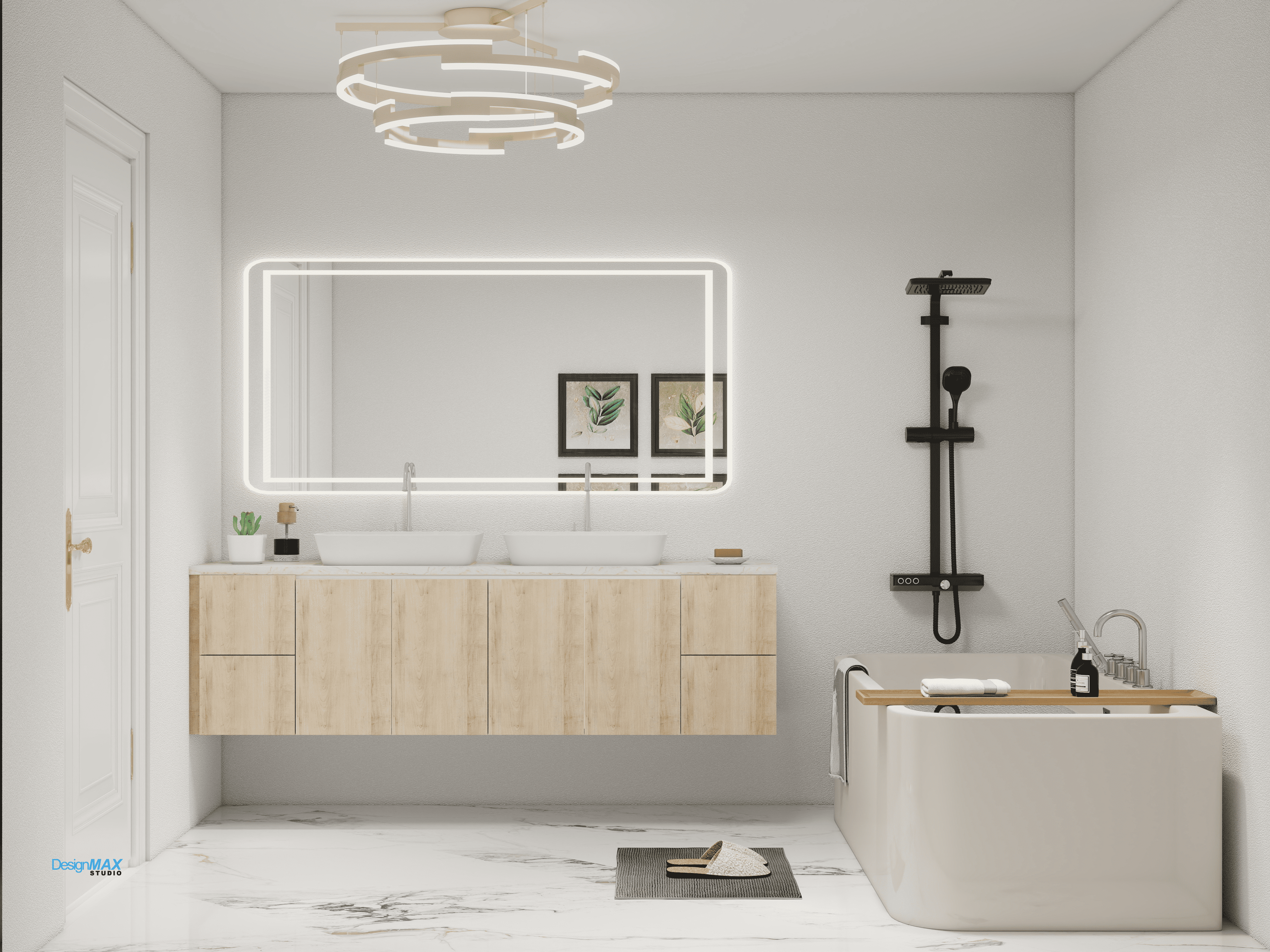A photorealistic rendering of a modern bathroom with wood finishes.