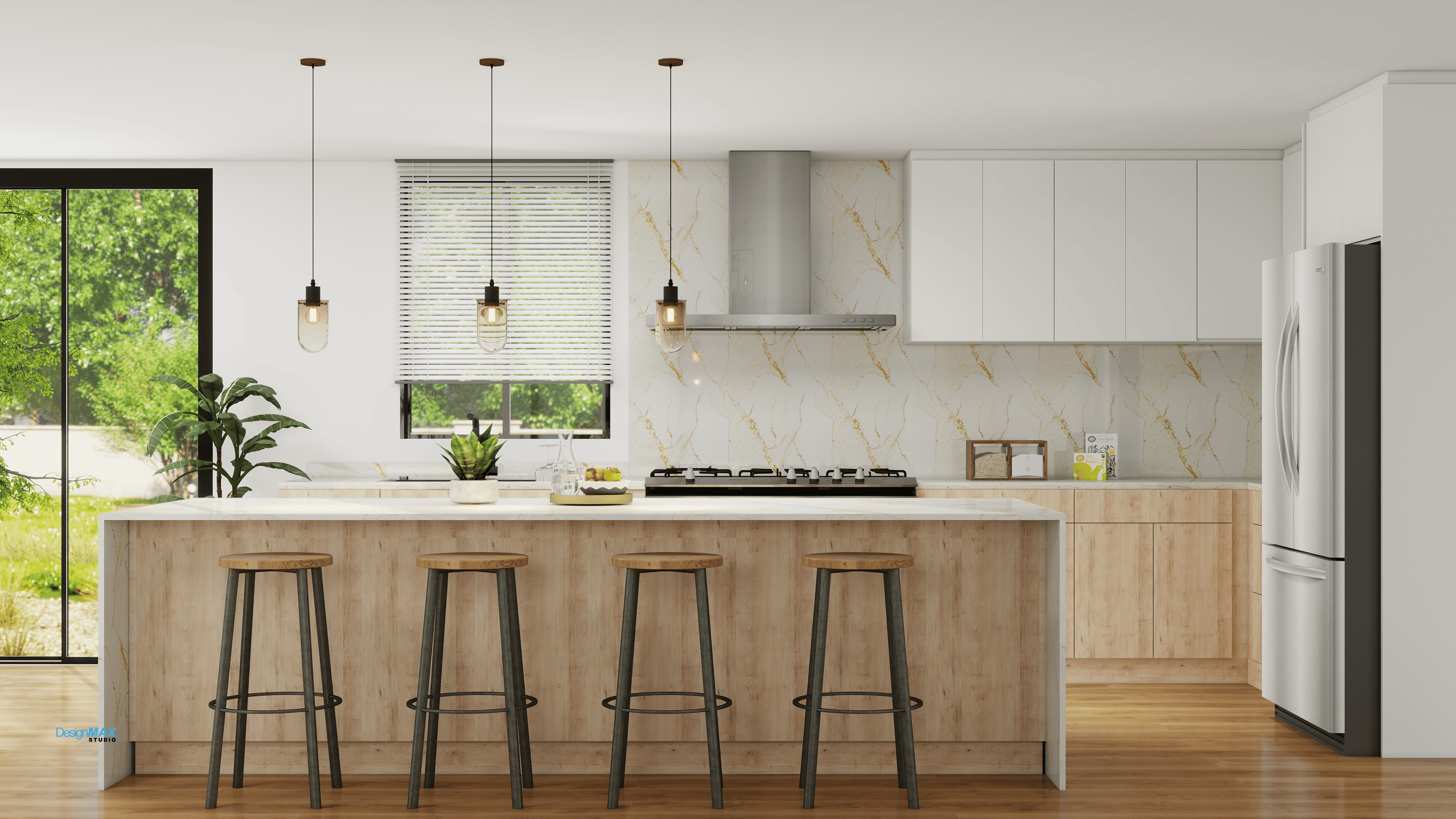 A photorealistic rendering of a spacious kitchen island and cabinetry.