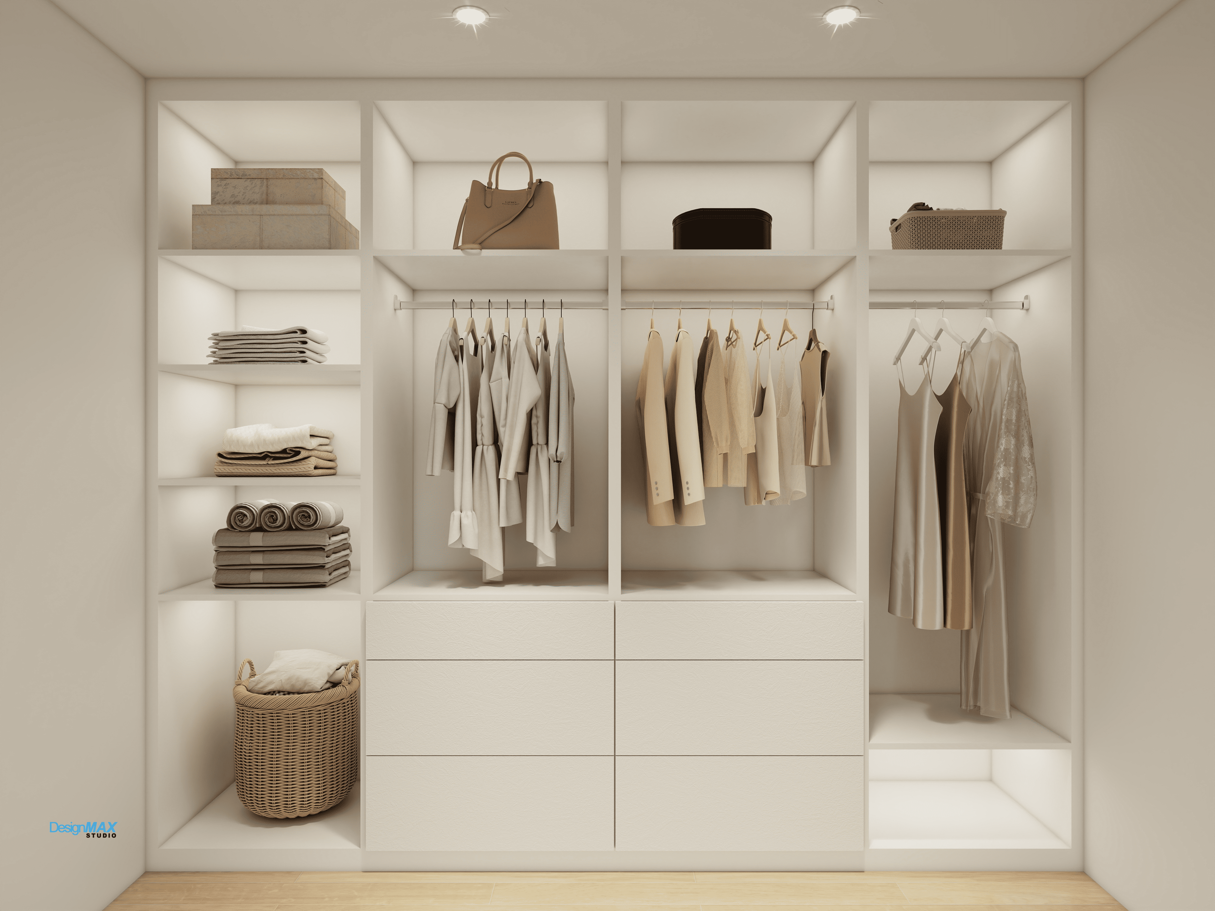 A photorealistic rendering of a well-organized walk-in closet.