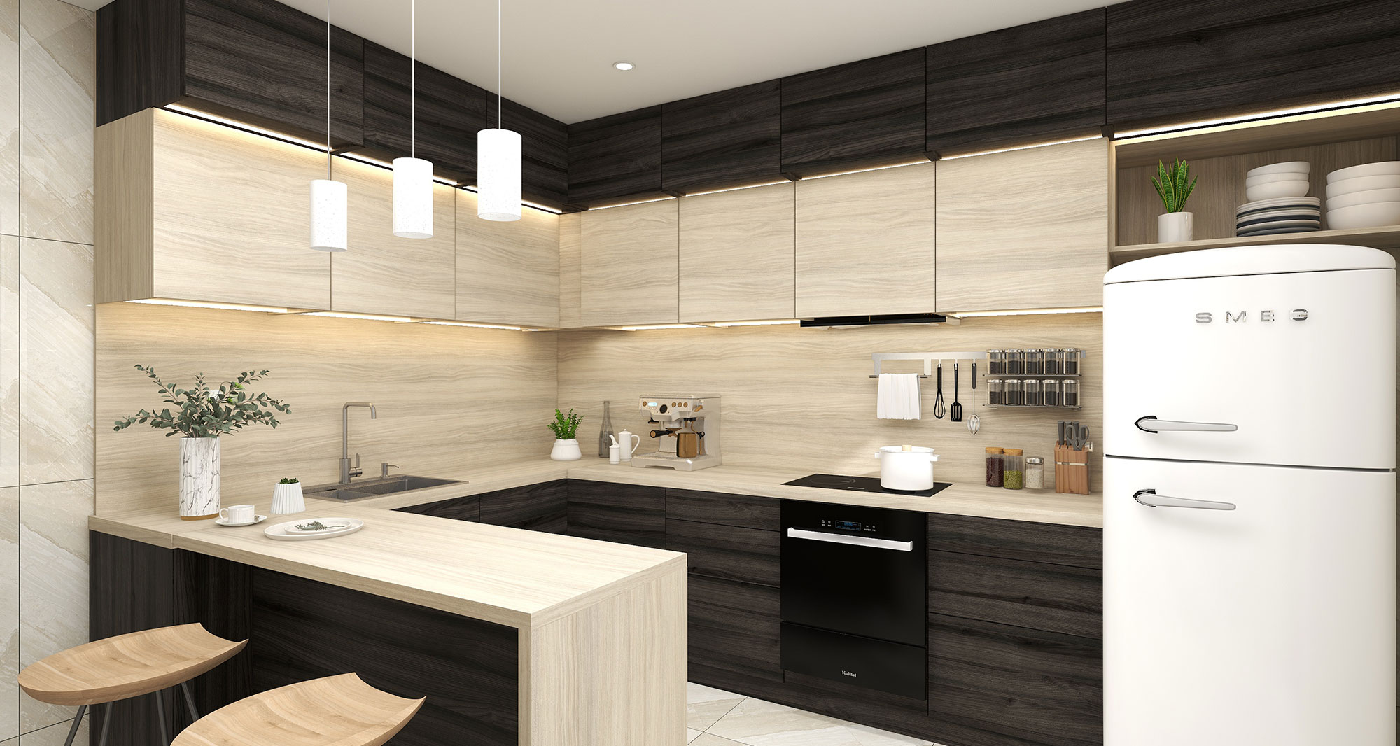 A photorealistic rendering of a sleek kitchen cabinet
