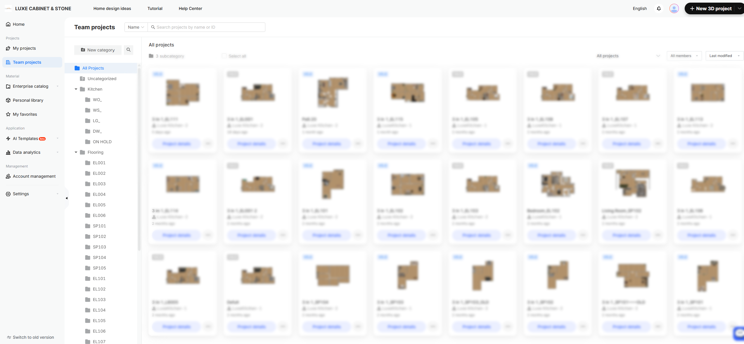 Luxe Cabinet & Stone's internal project library within Coohom.