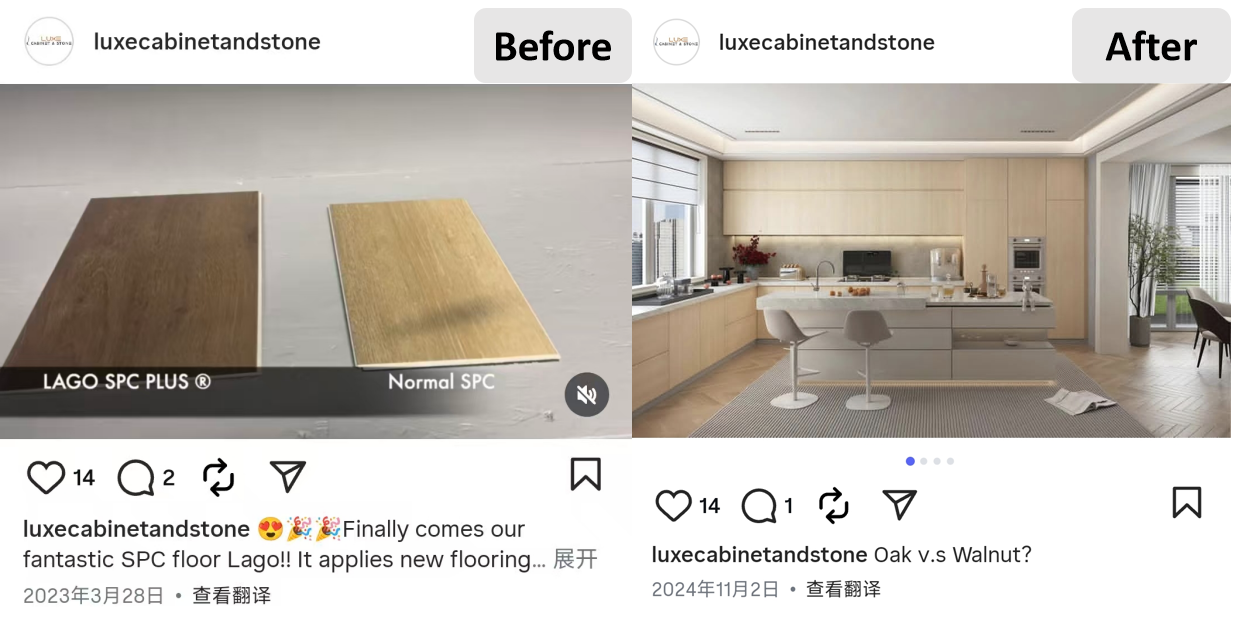 A side-by-side comparison of Luxe's social media content.