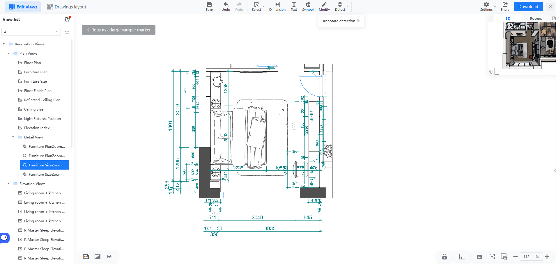 Callout inserted into construction drawing layout