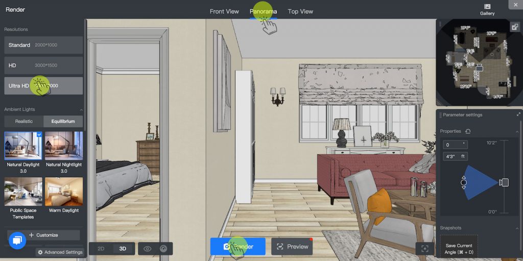 Select Panorama and Ultra HD resolution for your interior rendering