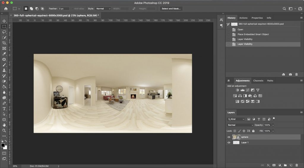 Add your panorama rendering into the Photoshop template