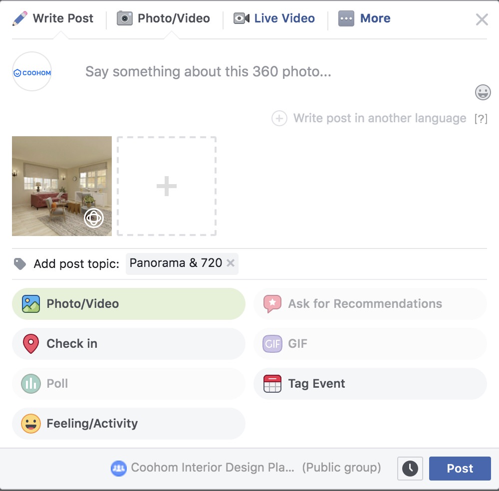 Upload panorama rendering and Facebook will turn it into a 360 photo